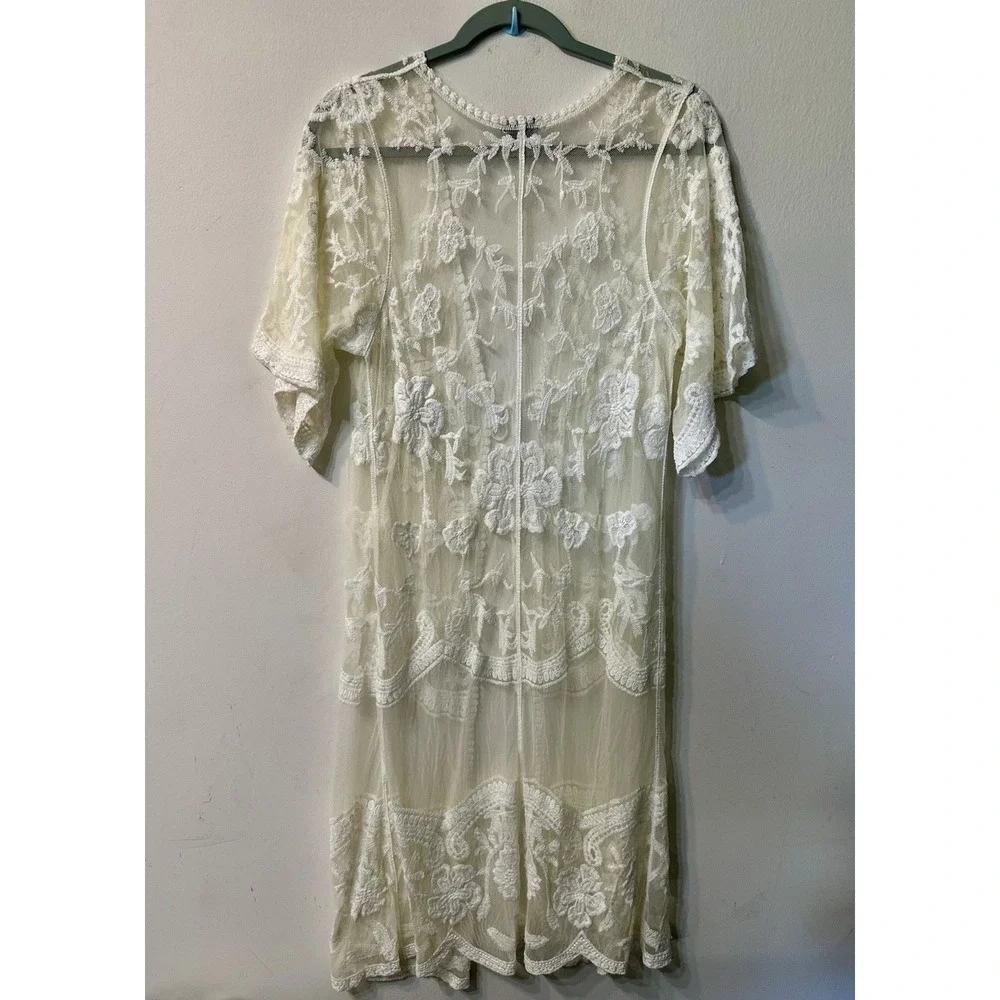 rue21 Womens Large White Lace Kimono Duster Cardigan Sheer Floral Tie Front Boho